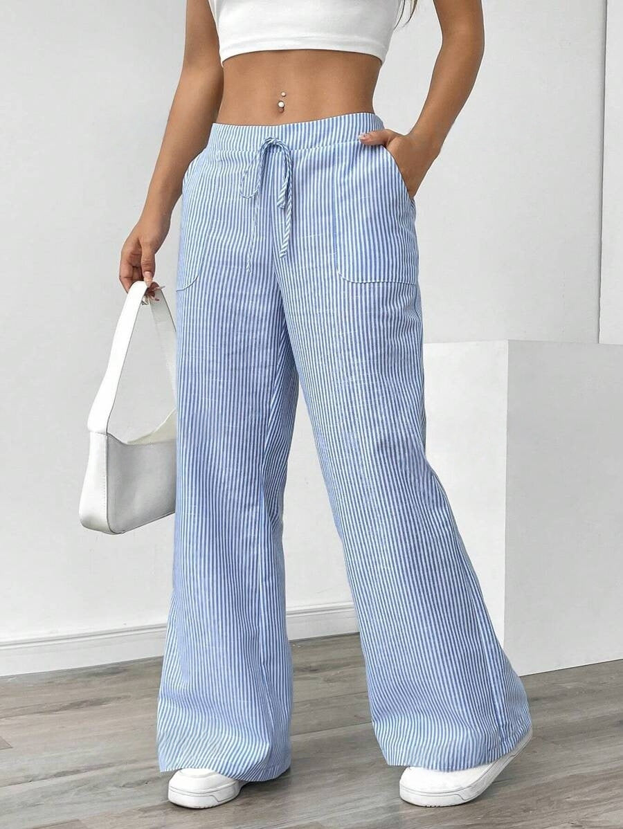 Women's Linen-Blend Wide-Leg Pants with Vertical Stripes