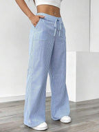 Women's Linen-Blend Wide-Leg Pants with Vertical Stripes