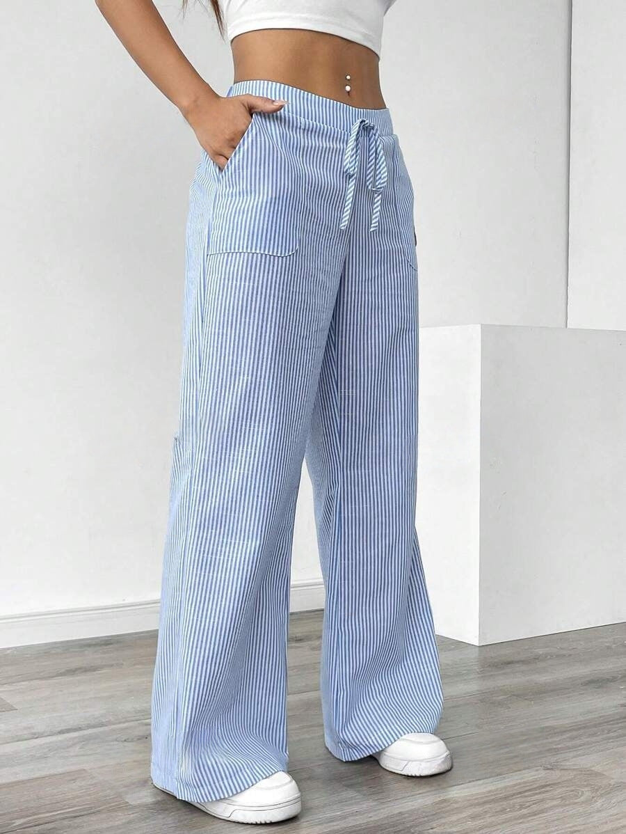Women's Linen-Blend Wide-Leg Pants with Vertical Stripes