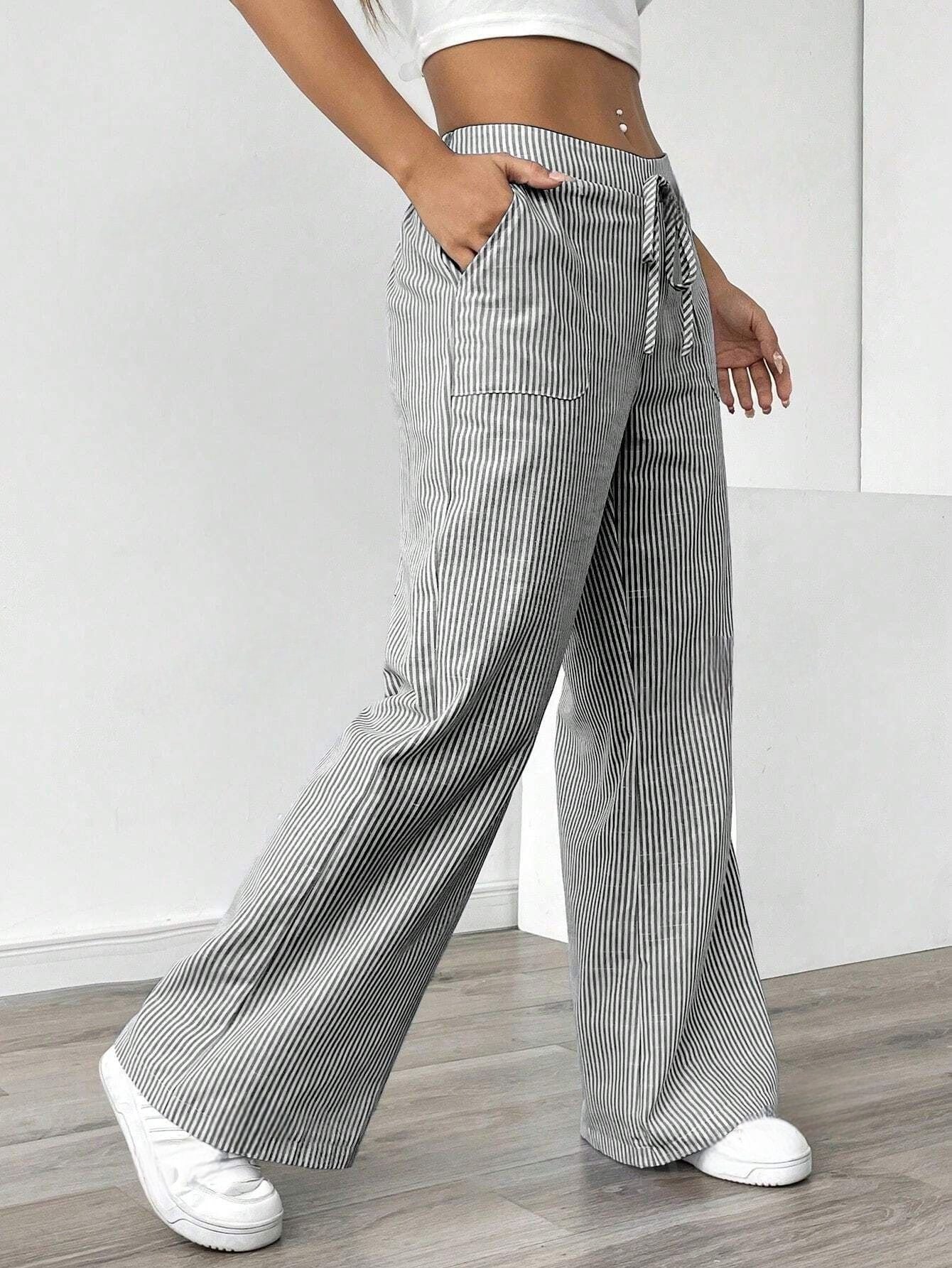 Women's Linen-Blend Wide-Leg Pants with Vertical Stripes