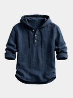 Men's Relaxed Linen Henley Hoodie with Drawstring Hood