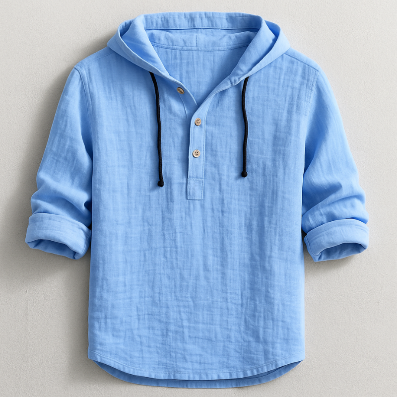 Men's Relaxed Linen Henley Hoodie with Drawstring Hood