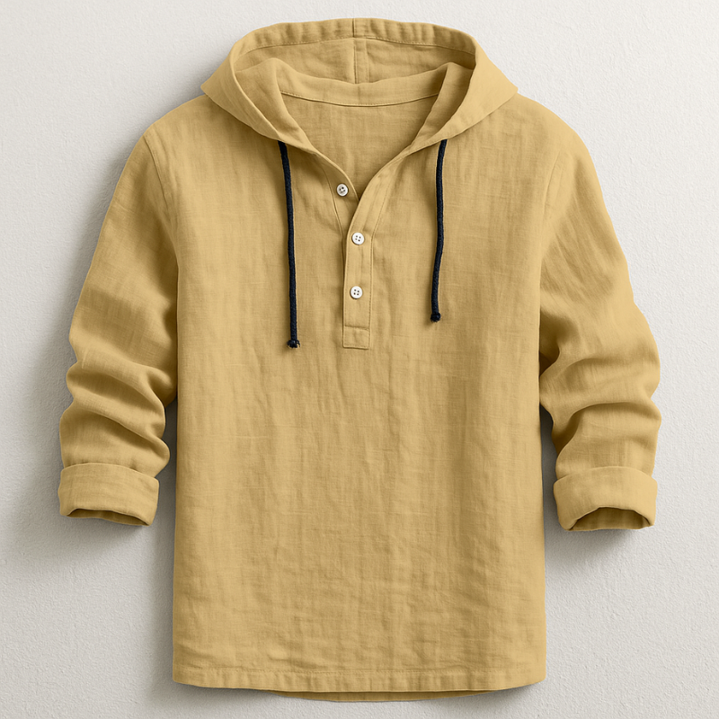 Men's Relaxed Linen Henley Hoodie with Drawstring Hood