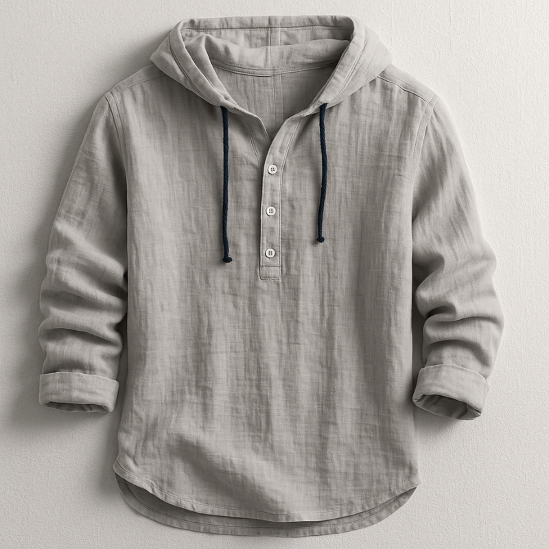 Men's Relaxed Linen Henley Hoodie with Drawstring Hood
