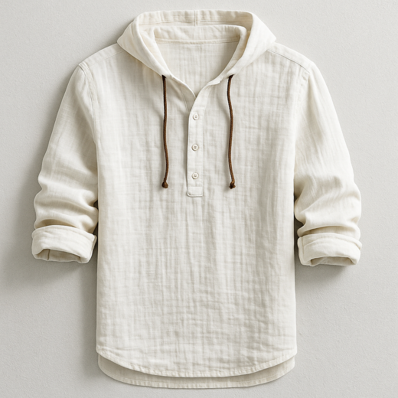 Men's Relaxed Linen Henley Hoodie with Drawstring Hood