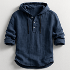 Men's Relaxed Linen Henley Hoodie with Drawstring Hood