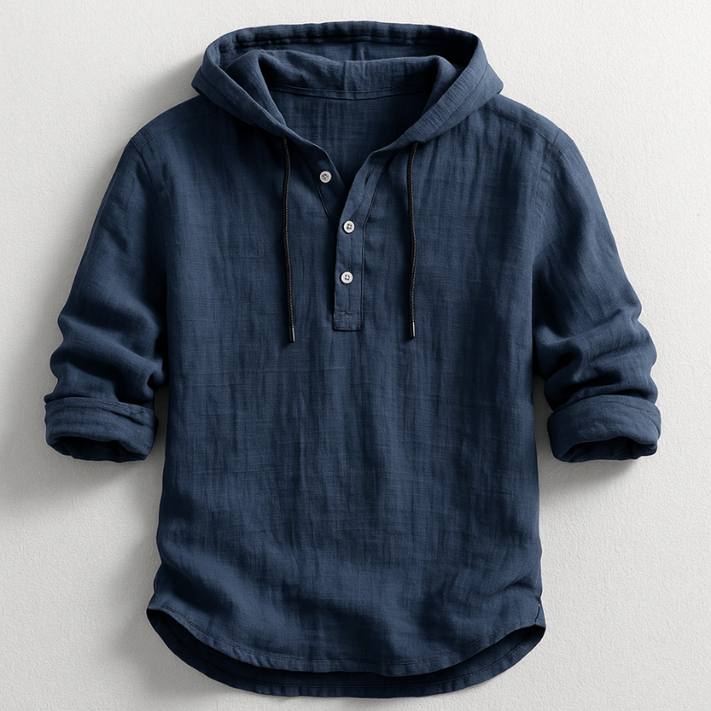 Men's Relaxed Linen Henley Hoodie with Drawstring Hood