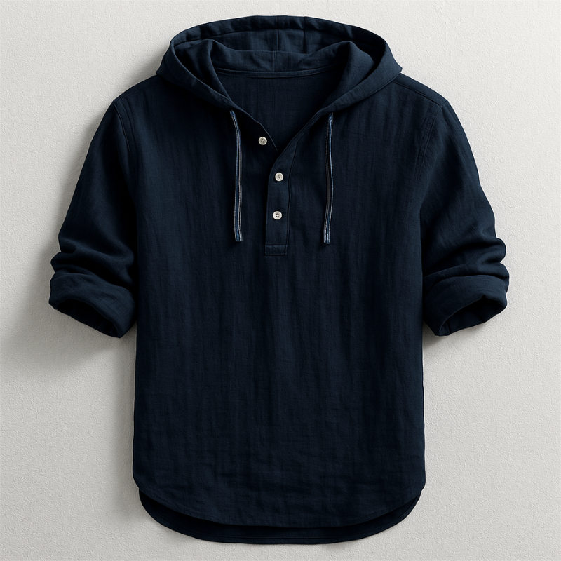 Men's Relaxed Linen Henley Hoodie with Drawstring Hood