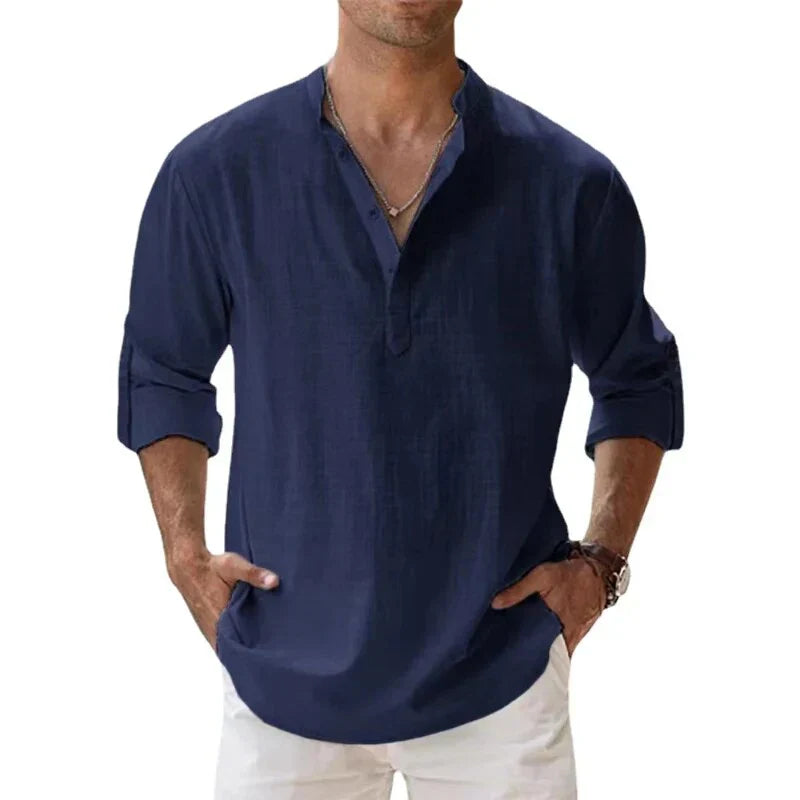 Men's Classic Linen Henley Shirt with Rolled Cuffs