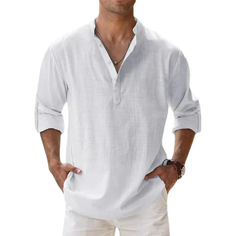 Men's Classic Linen Henley Shirt with Rolled Cuffs