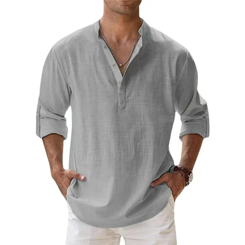 Men's Classic Linen Henley Shirt with Rolled Cuffs