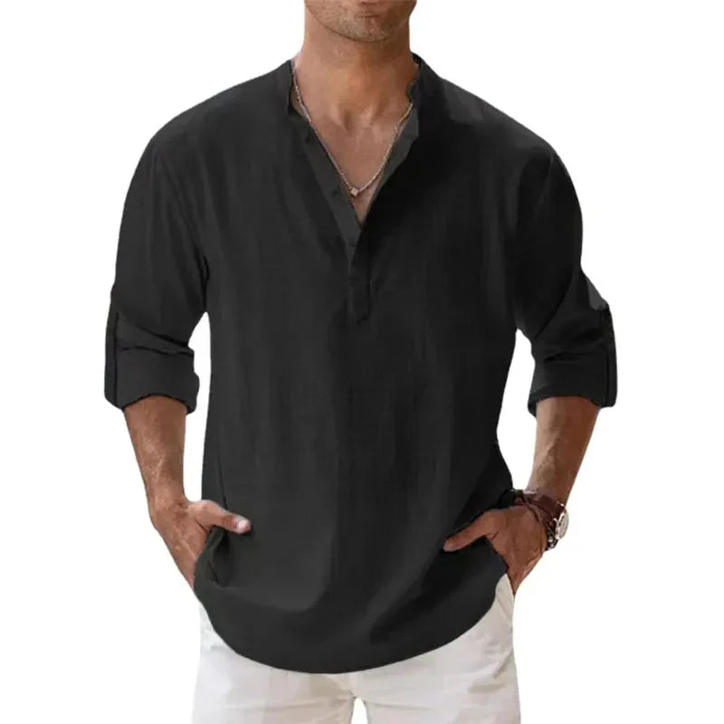 Men's Classic Linen Henley Shirt with Rolled Cuffs