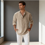Men's Classic Linen Henley Shirt with Rolled Cuffs