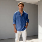 Men's Classic Linen Henley Shirt with Rolled Cuffs