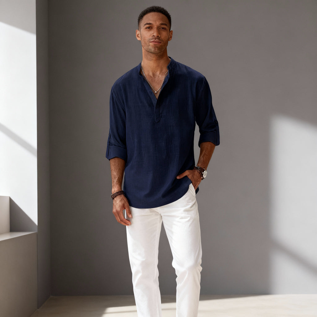 Men's Classic Linen Henley Shirt with Rolled Cuffs