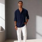 Men's Classic Linen Henley Shirt with Rolled Cuffs