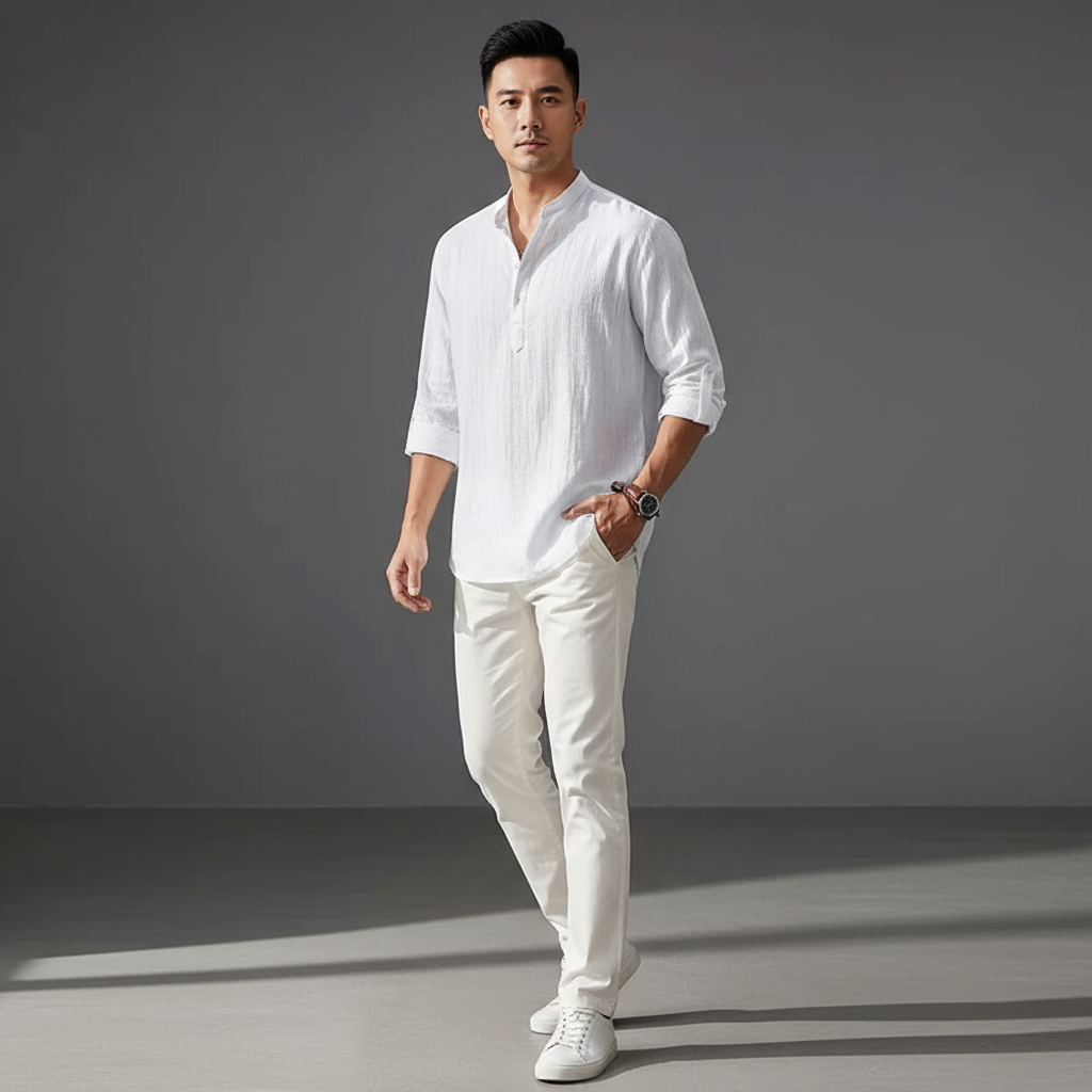 Men's Classic Linen Henley Shirt with Rolled Cuffs