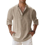 Men's Classic Linen Henley Shirt with Rolled Cuffs