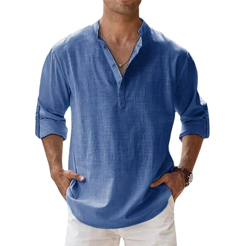 Men's Classic Linen Henley Shirt with Rolled Cuffs