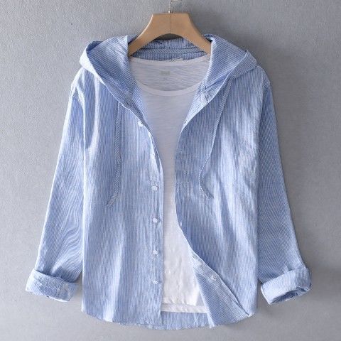 Men's Relaxed Linen Hooded Shirt with Drawstring