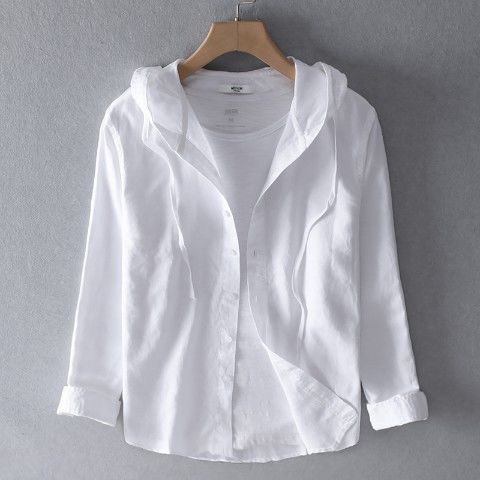 Men's Relaxed Linen Hooded Shirt with Drawstring