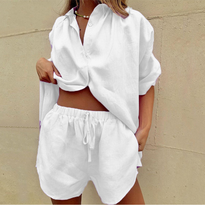 Women's Linen Lounge Set with Collared Shirt and Elasticated Shorts