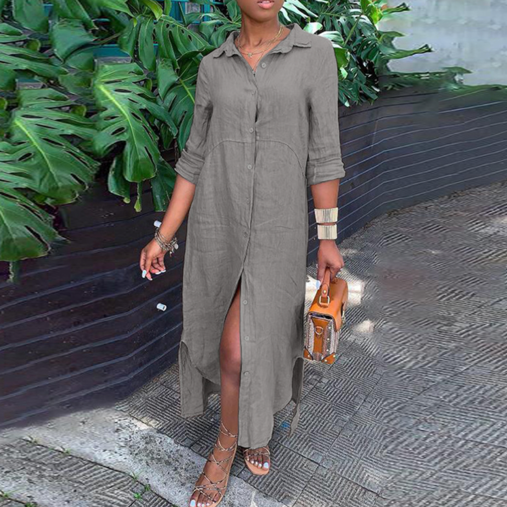 Women's Linen Maxi Dress with Button Front