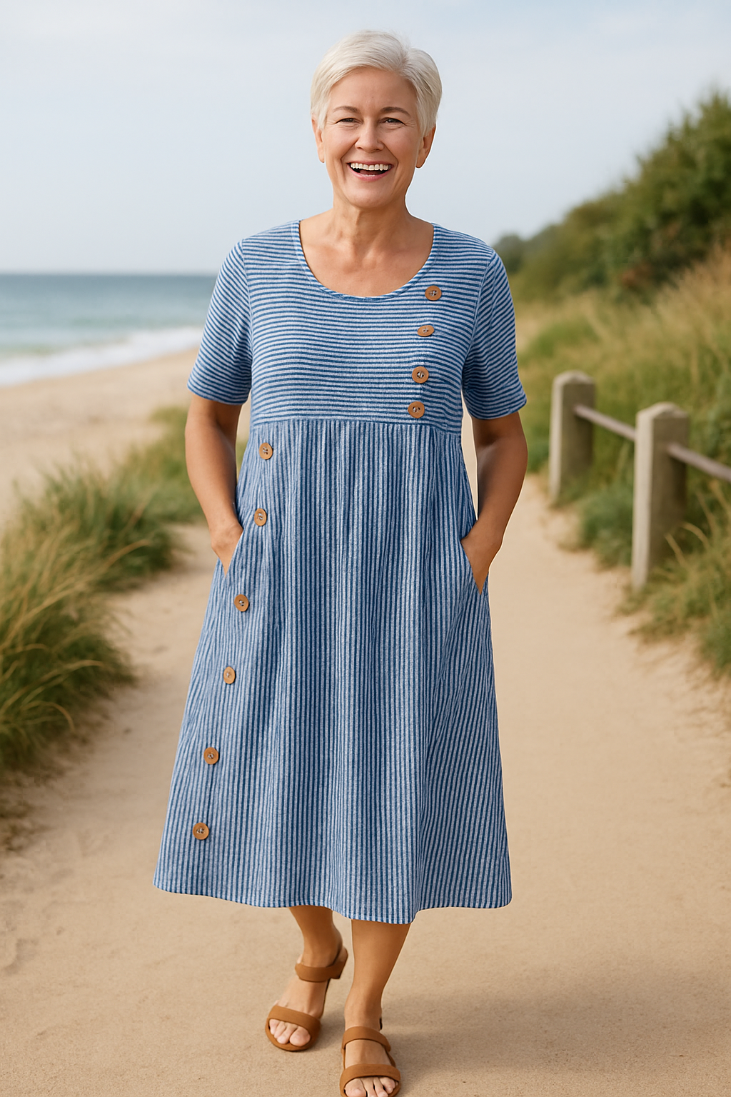 Women's Relaxed Linen Midi Dress with Button Detailing