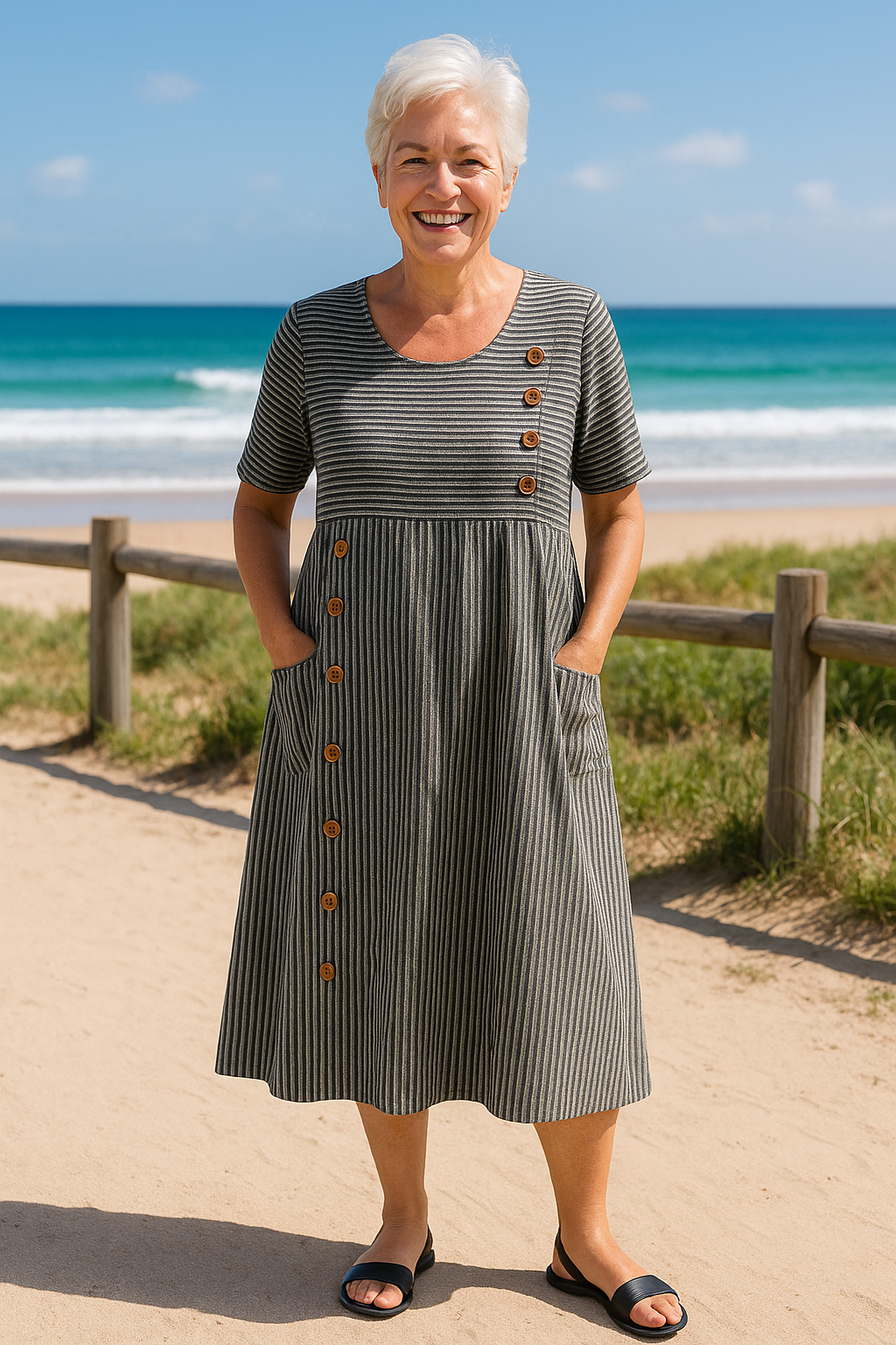 Women's Relaxed Linen Midi Dress with Button Detailing