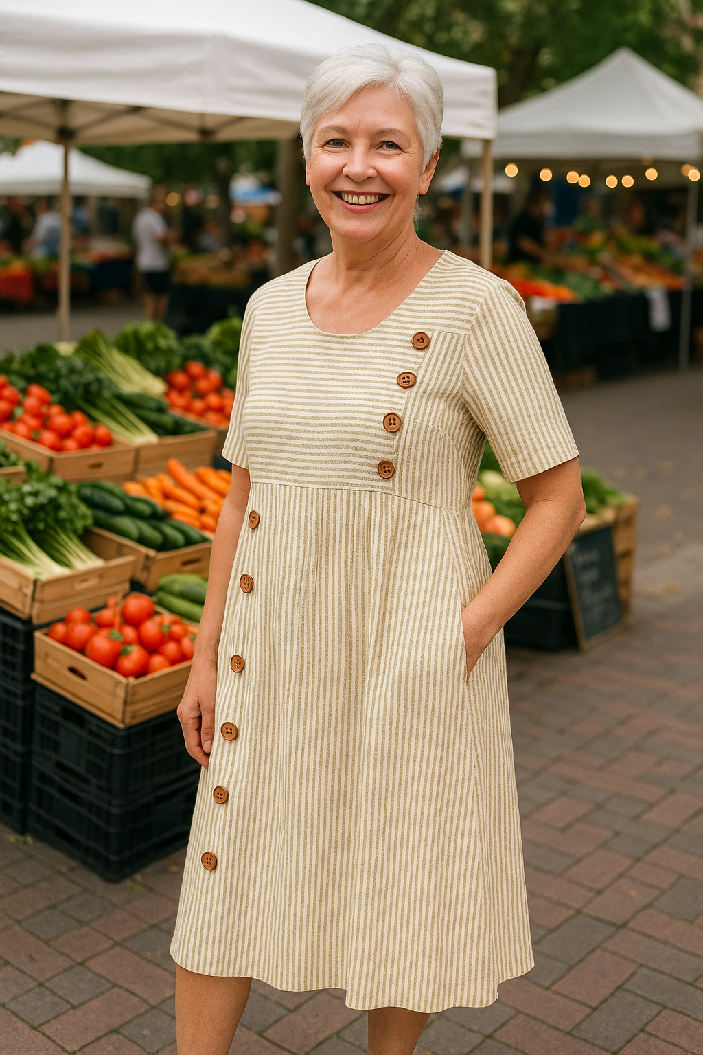 Women's Relaxed Linen Midi Dress with Button Detailing