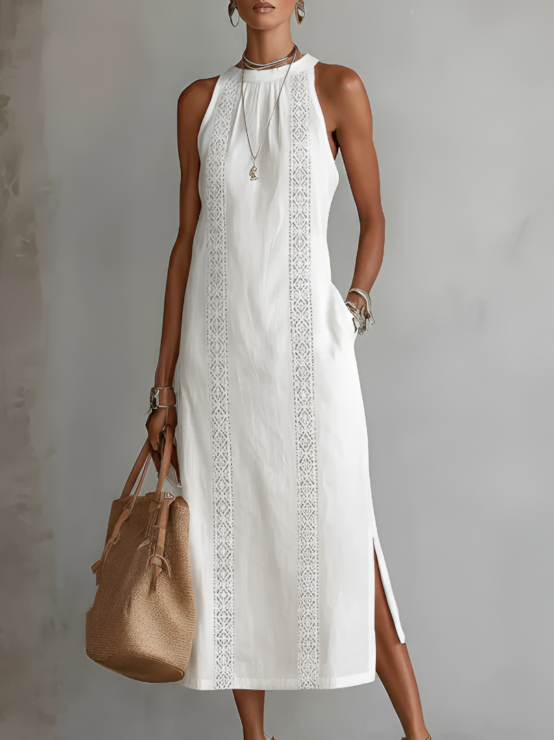 Women's Sleeveless Linen Midi Dress with Mao Collar