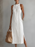 Women's Sleeveless Linen Midi Dress with Mao Collar