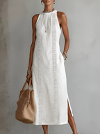 Women's Sleeveless Linen Midi Dress with Mao Collar