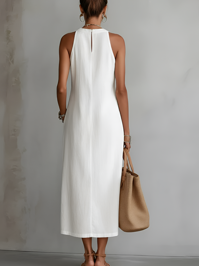 Women's Sleeveless Linen Midi Dress with Mao Collar