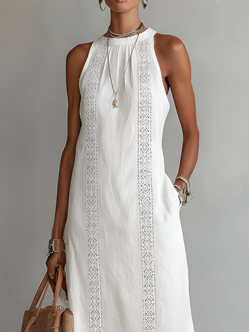 Women's Sleeveless Linen Midi Dress with Mao Collar