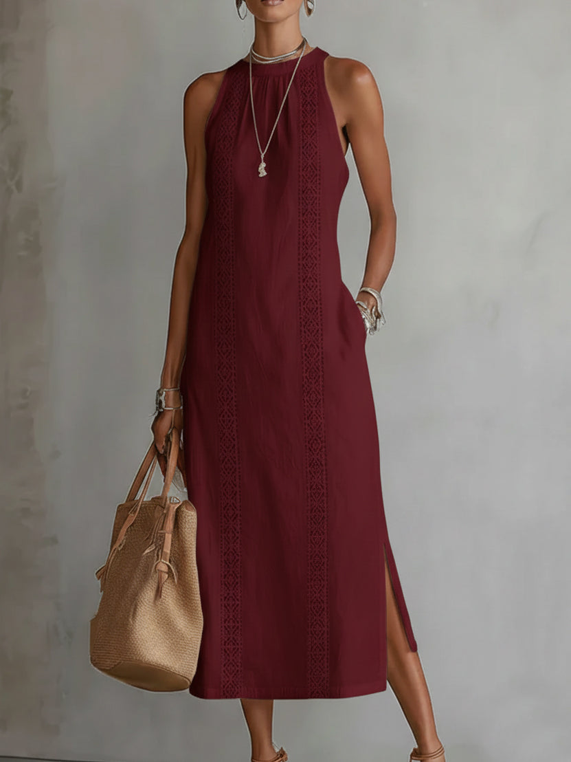 Women's Sleeveless Linen Midi Dress with Mao Collar