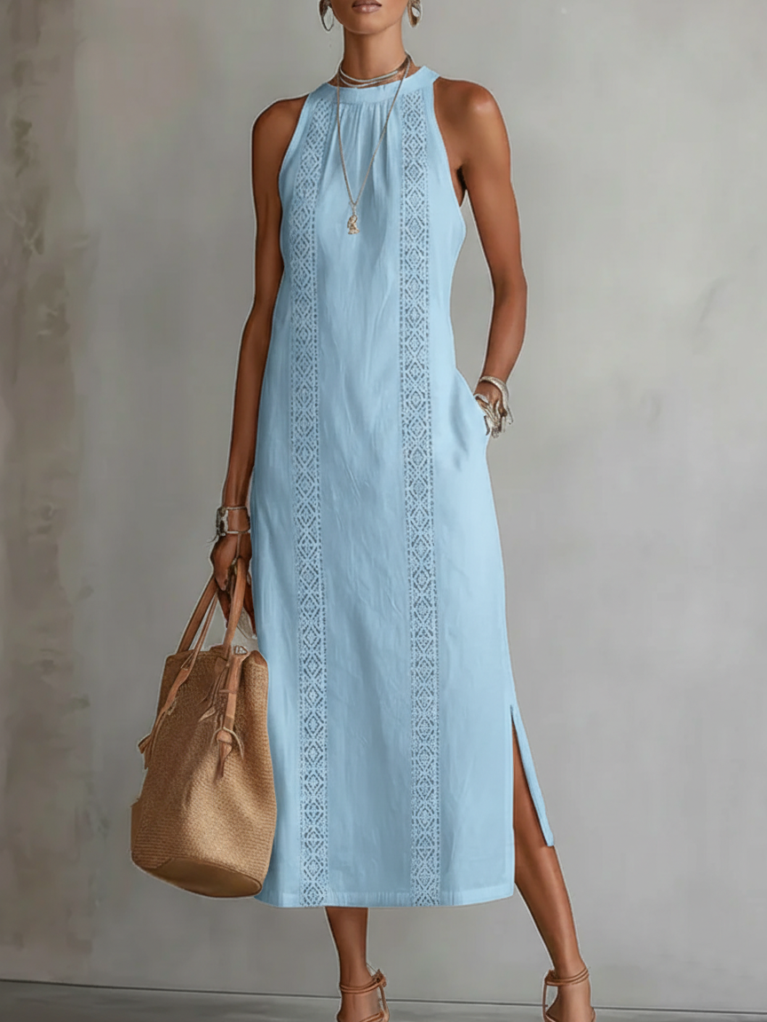 Women's Sleeveless Linen Midi Dress with Mao Collar