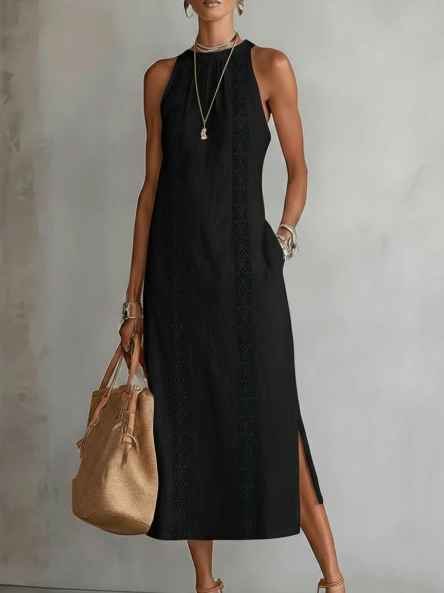 Women's Sleeveless Linen Midi Dress with Mao Collar