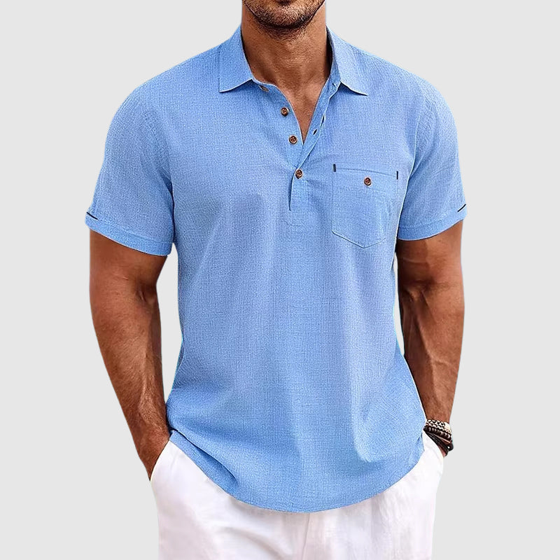 Men's Relaxed Linen Polo Shirt with Half-Button Placket