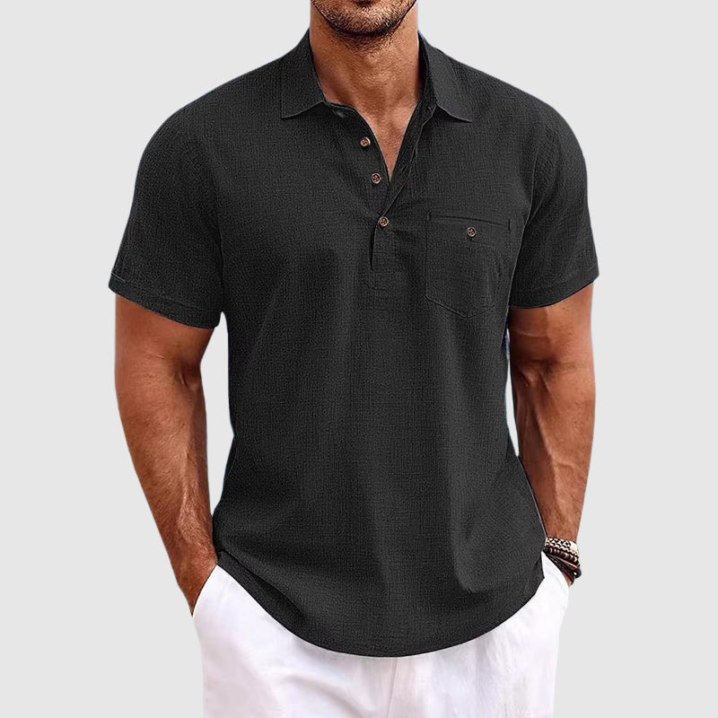 Men's Relaxed Linen Polo Shirt with Half-Button Placket