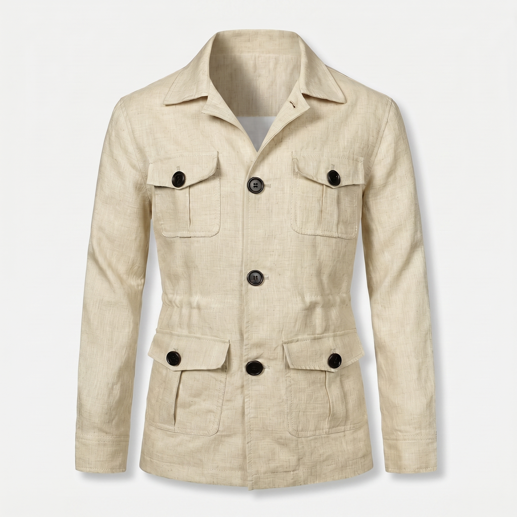 Men's Relaxed Linen Jacket with Four Flap Pockets