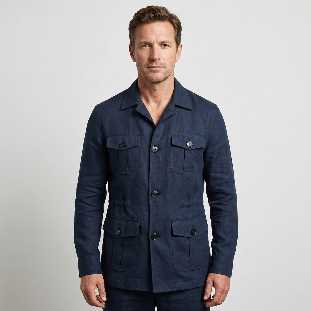 Men's Relaxed Linen Jacket with Four Flap Pockets
