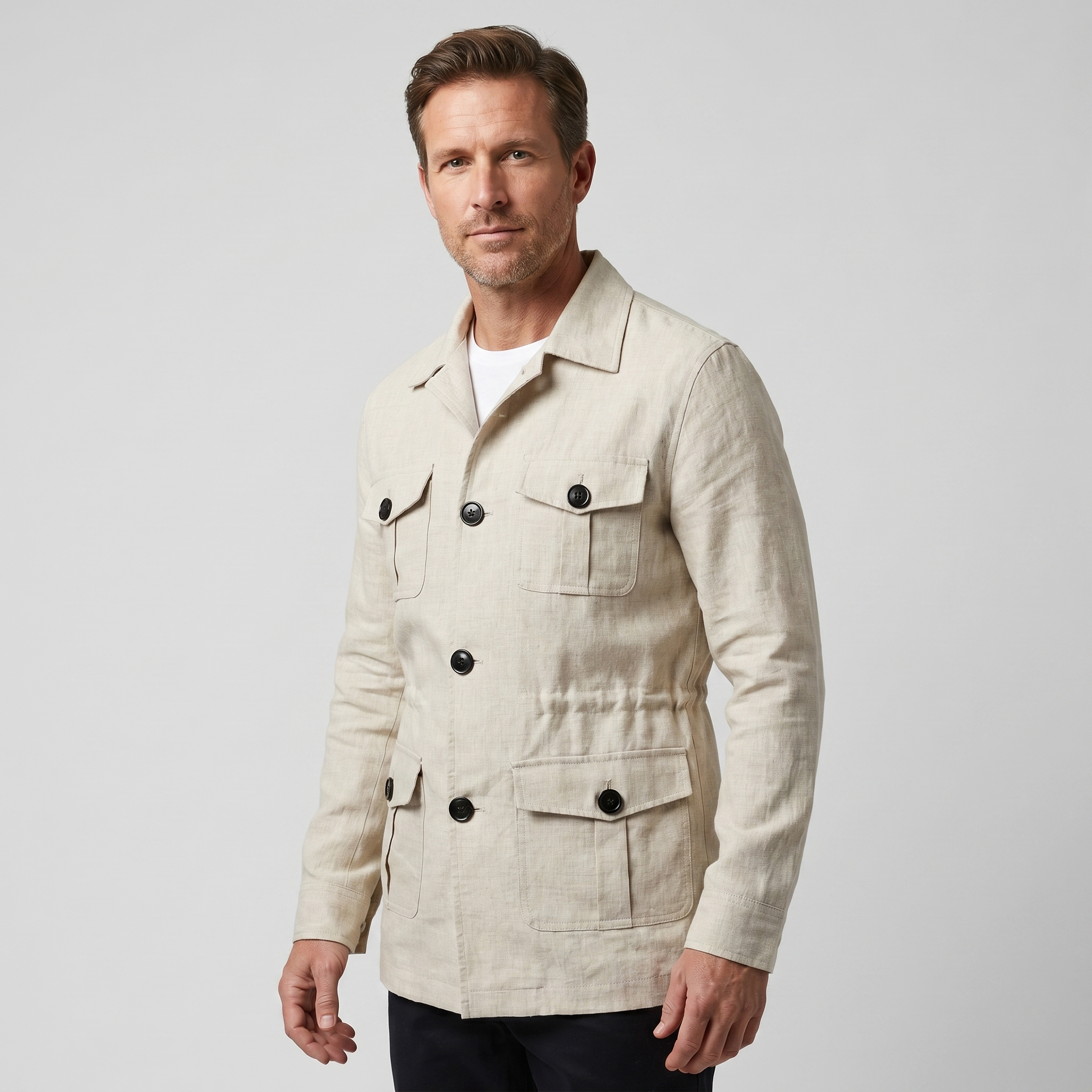 Men's Relaxed Linen Jacket with Four Flap Pockets