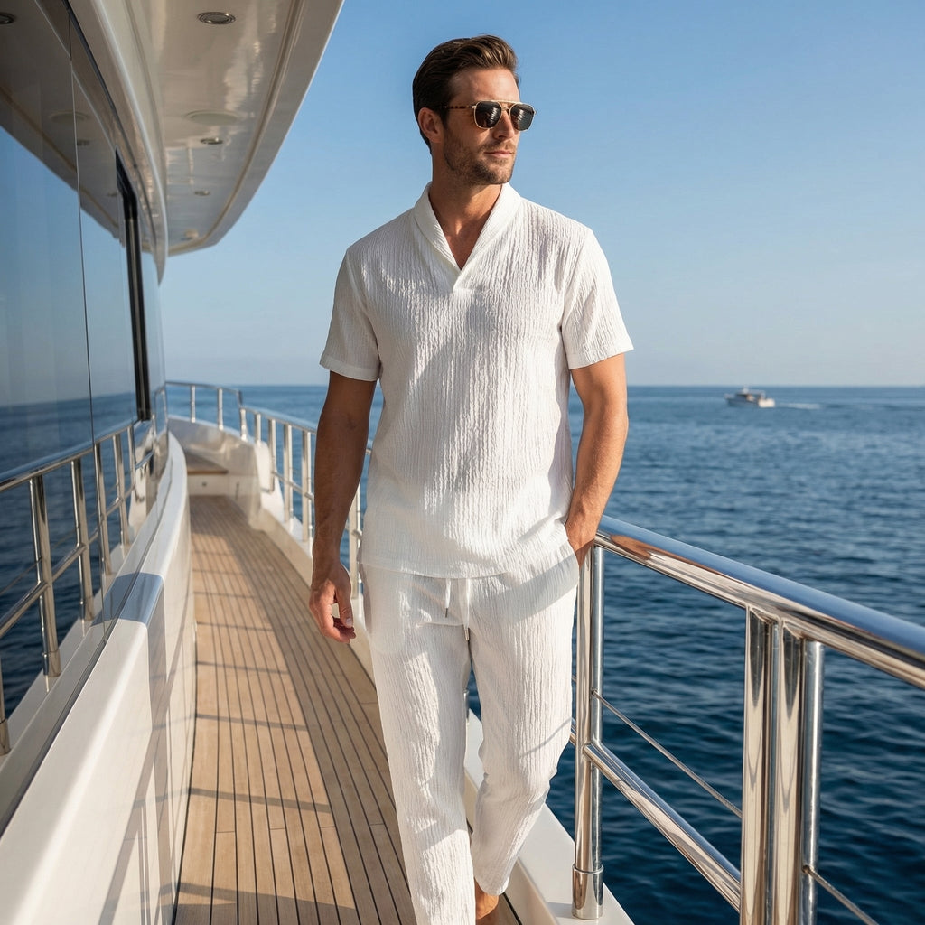 Men's Short-Sleeve Linen Set with Drawstring Waist Pants