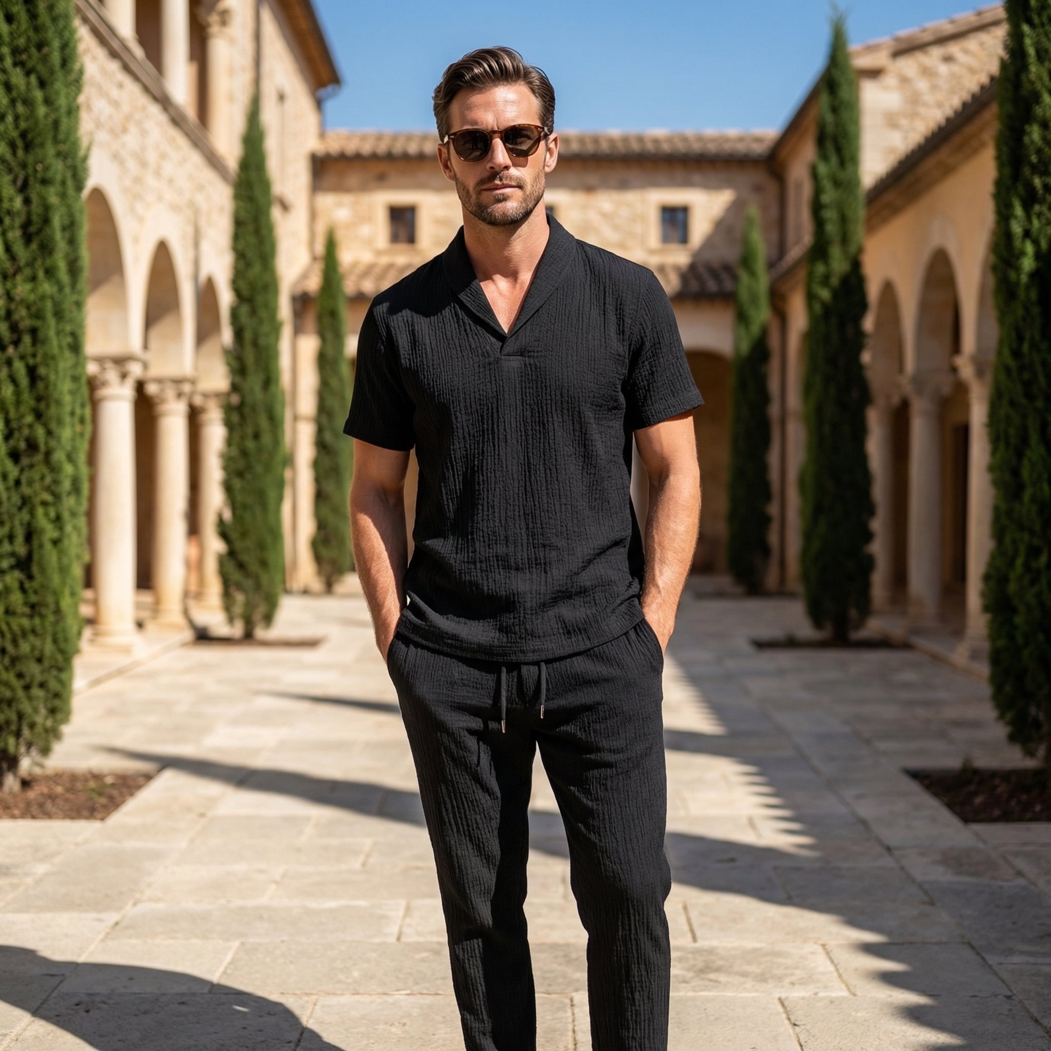 Men's Short-Sleeve Linen Set with Drawstring Waist Pants