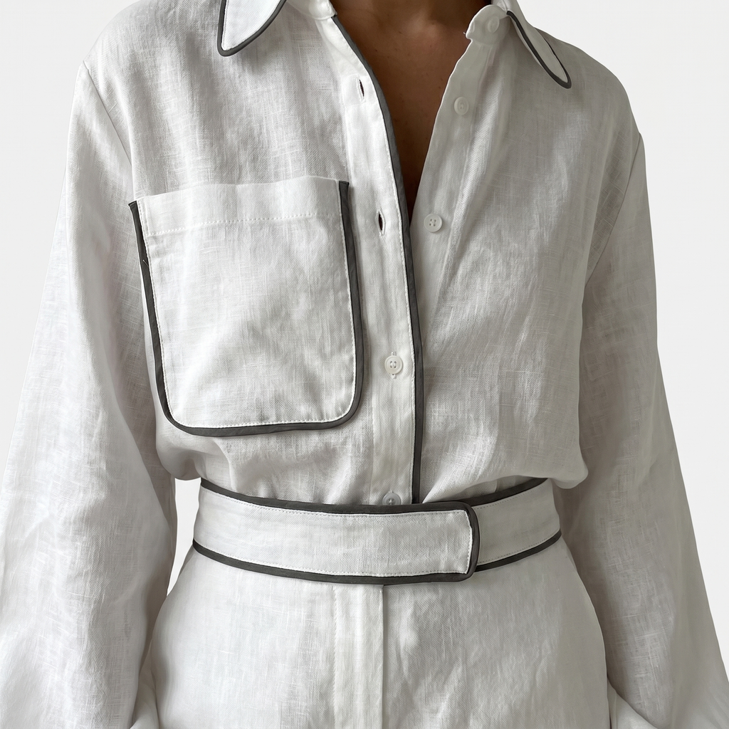 Women's Linen Shorts Set with Puff Sleeves and Contrast Piping