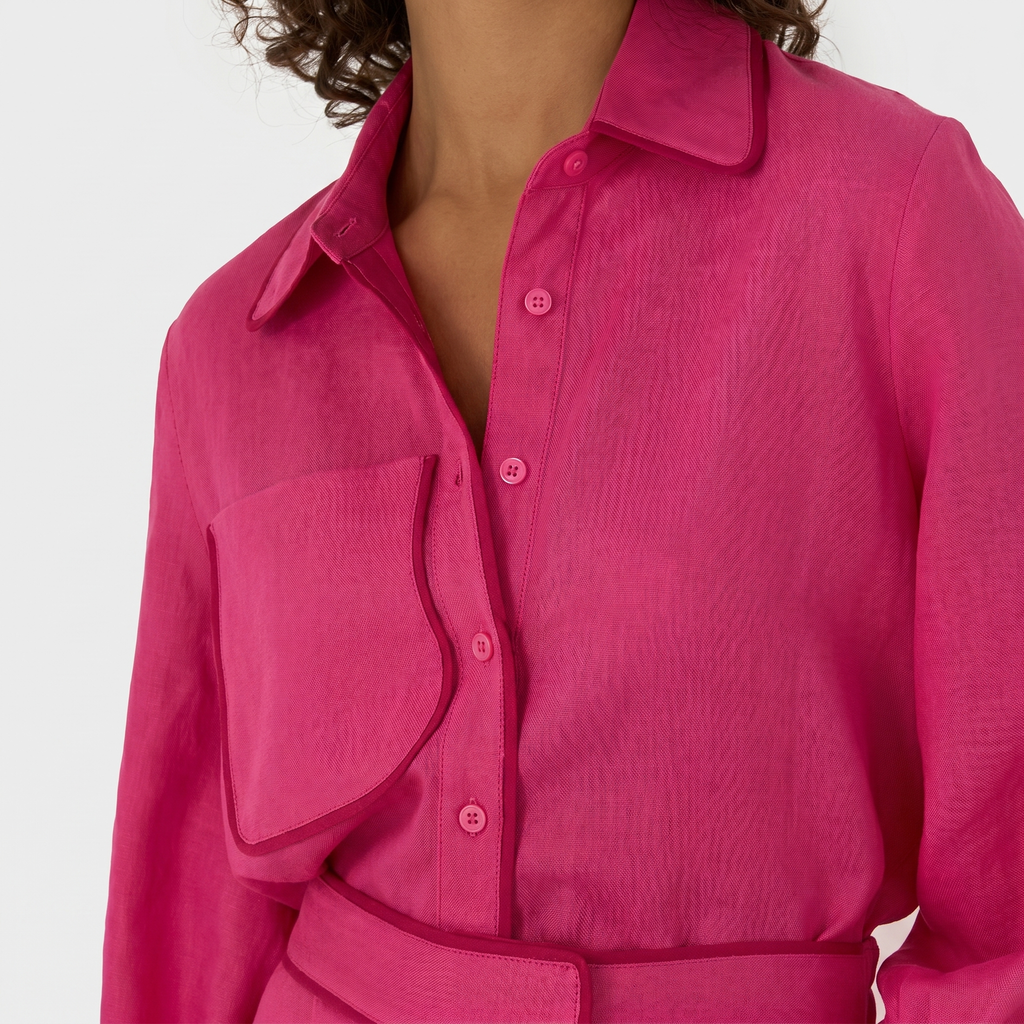 Women's Linen Shorts Set with Puff Sleeves and Contrast Piping