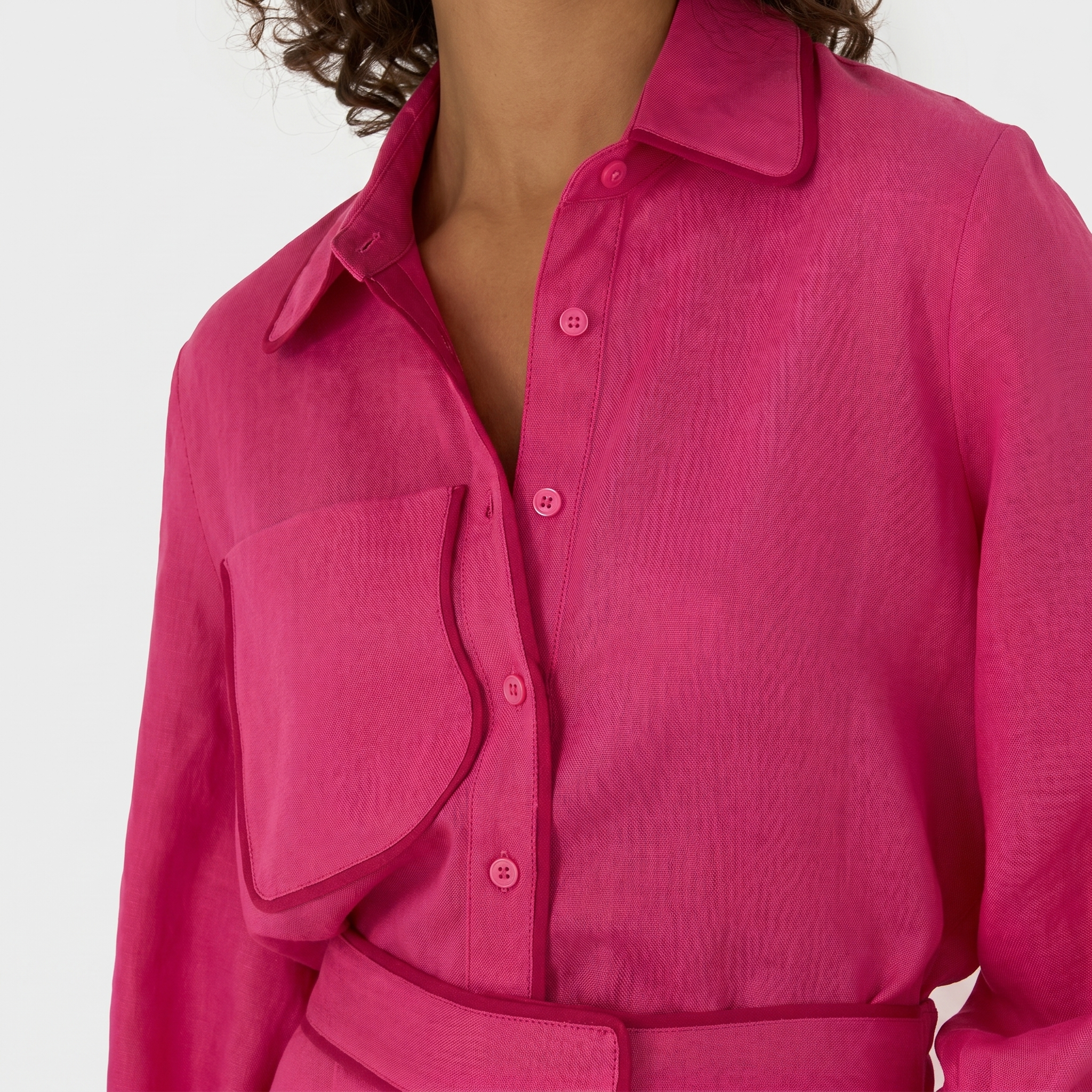 Women's Linen Shorts Set with Puff Sleeves and Contrast Piping
