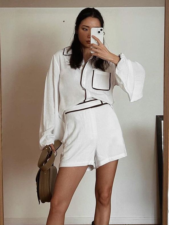 Women's Linen Shorts Set with Puff Sleeves and Contrast Piping