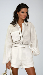 Women's Linen Shorts Set with Puff Sleeves and Contrast Piping